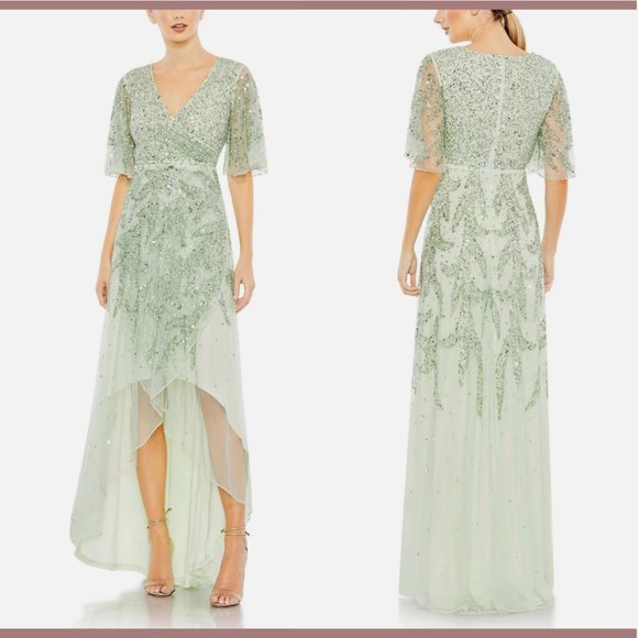 NWT $498 Mac Duggal [ 18 ]‎ Sequined Butterfly Sleeve High Low Gown Sage Greeen - Picture 2 of 14